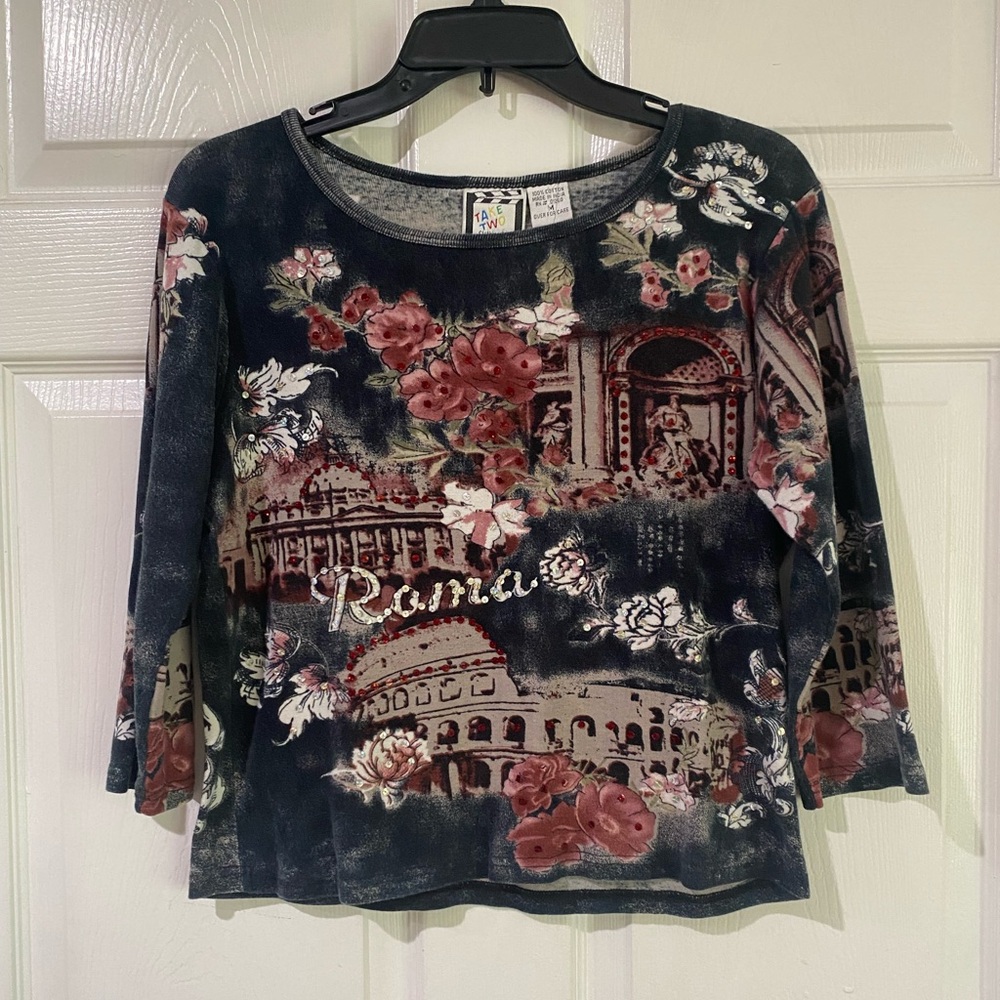 Y2K Take Two Italy Graphic Print 3/4 Sleeve Cotton Top Sequined Floral Cropped M